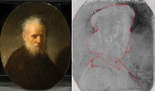 Rembrandt, Old Man with a Beard (left) and self-portrait (right) hidden underneath